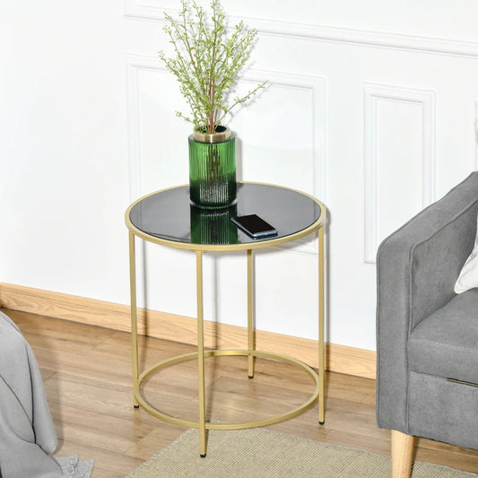 Round Side Table with Gold Frame and Black Tempered Glass Tabletop