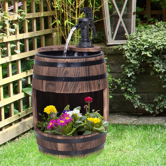 Wood Barrel Water Fountain with Built in Flower Planter Section