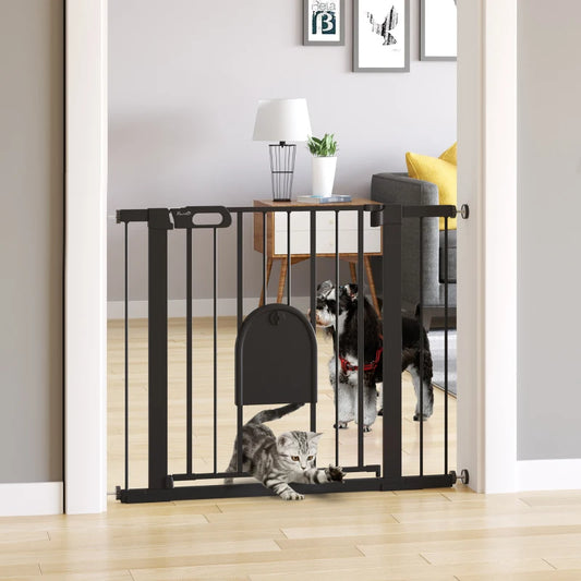 Dog Gate / Stairgate with Built in Cat Flap - Pressure Fit - (75-103cm)