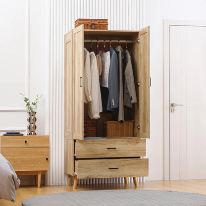 Wooden Wardrobe with Wood Panel Outline and 2 Underneath Pull Out Drawers