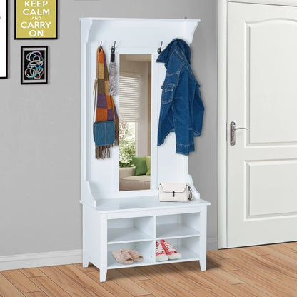 Coat Rack with 4 Hooks, Full Length Body Mirror and 4 Section Shoe Shelving / Bench