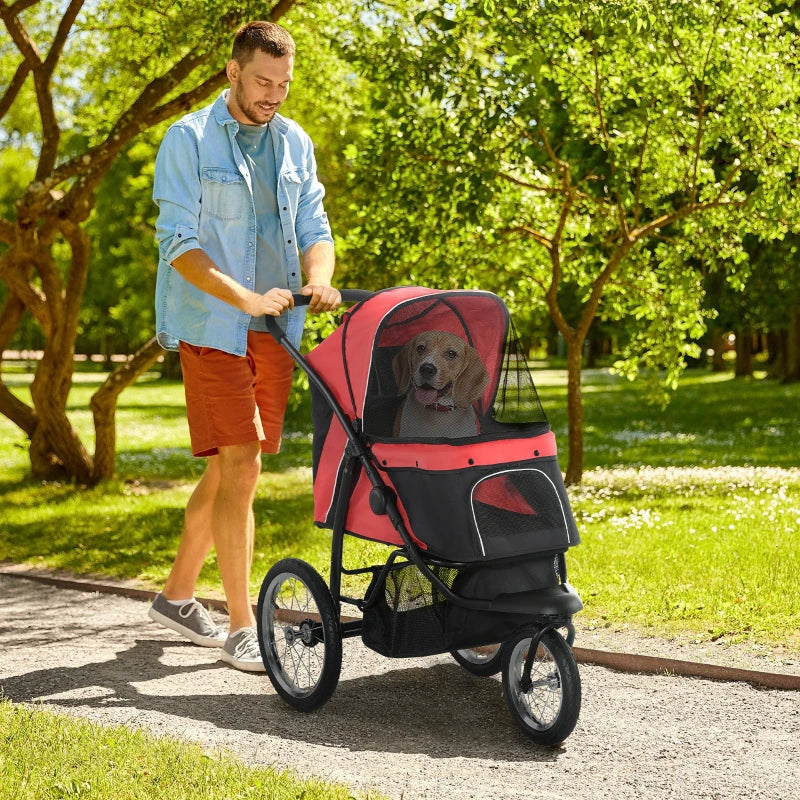 Pet / Dog Stroller - Buggy Pram with Three Wheels, Canopy and Under Netting Storage Compartment - Red