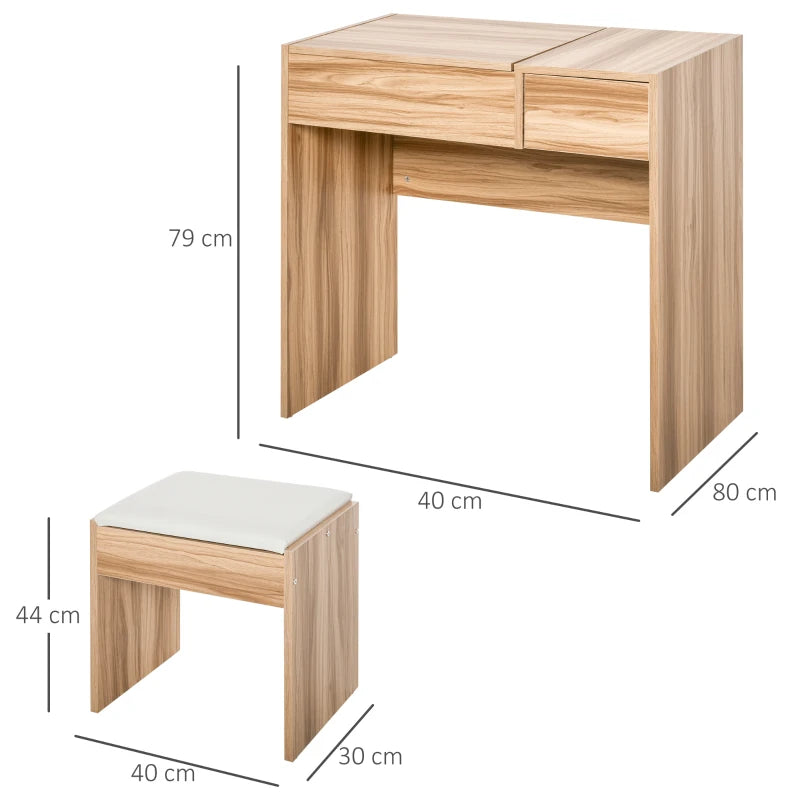 Makeup Dressing Table with Built In Flip up Vanity Mirror & Cube Seat - Natural Wood