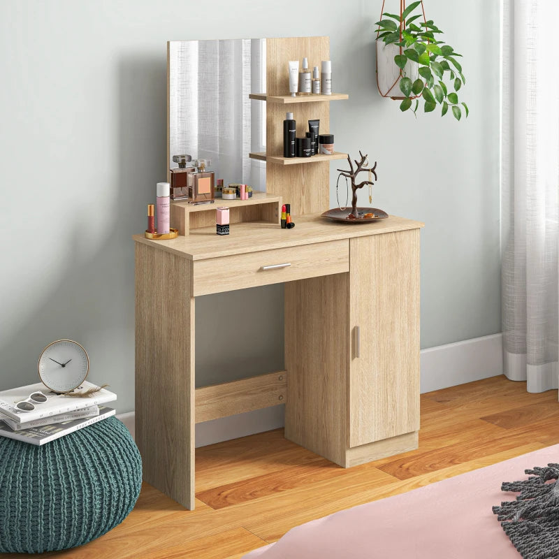 Vanity Mirror Dressing Table with Open Style Shelving and 2-Storage Sections - Maple Wood Effect