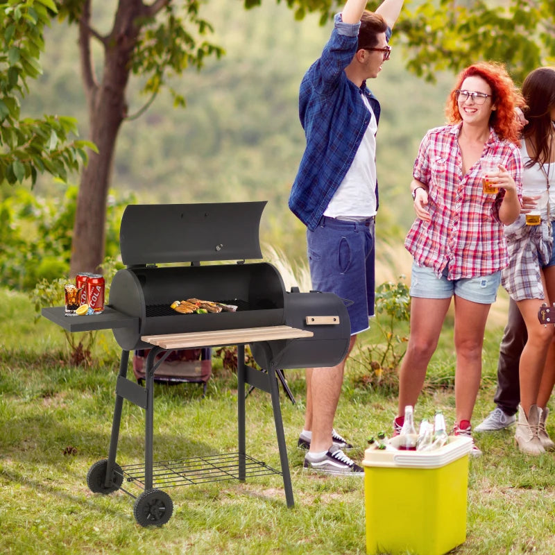 Barrel Style Charcoal Grill with Offset Side Smoker and Chimney