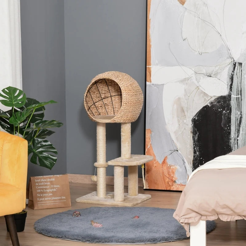 100cm - Cosy Treehouse Style Cat Tree with Toy Ball, Scratching Post, Teasing Rope and Sphere Bed