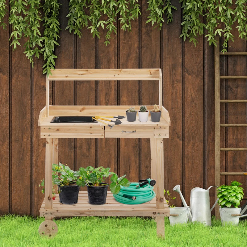 Wooden Potting Bench Work Table with Wheels, Sink, Drawer and Large Storage Section