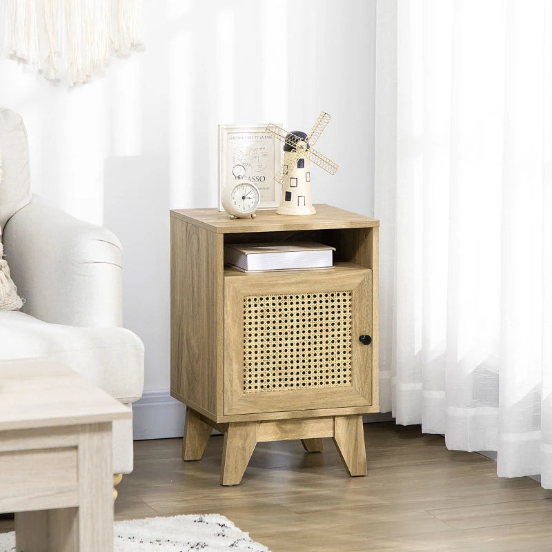 Side Table with Rattan Element, Shelf and Cupboard