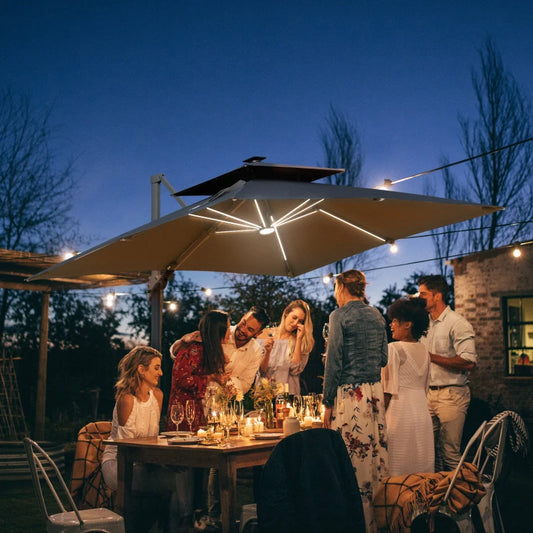 3m - LED - Tilting Cantilever Parasol Offset Patio Umbrella, Solar LED Lighted Hanging Sun Shade Canopy with Cross Base