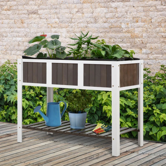 Raised Wooden Style Flower Bed Planter with Underneath Shelf Storage