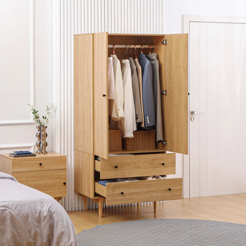 Wooden Freestanding Wardrobe with 2 Drawer Storage and Wooden Pole Feet