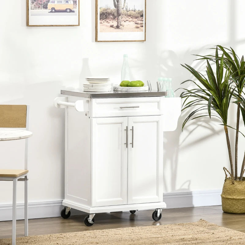 Mobile Kitchen Island / Serving Cart on Wheels with Stainless Steel Worktop - White