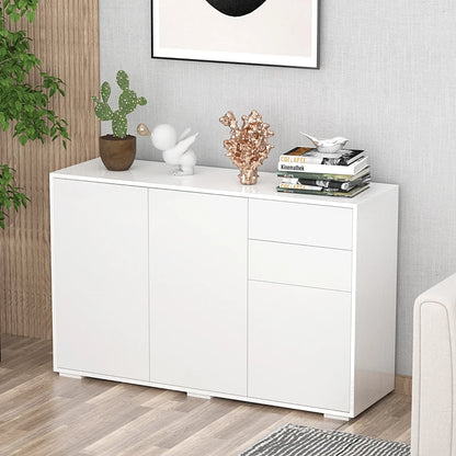 High Gloss Push-Open Design Storage Cabinet with Large & Small Cupboard and 2 Flatbed Drawers - White