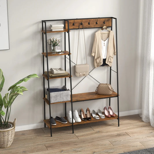 Large Entrance Coat Rack with 2-Tier Shoe Rack, 5 Hooks and 5 Side Shelves