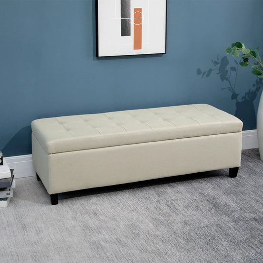 Linen Ottoman with Lift Up Storage Hinged Lid & Tufted Design