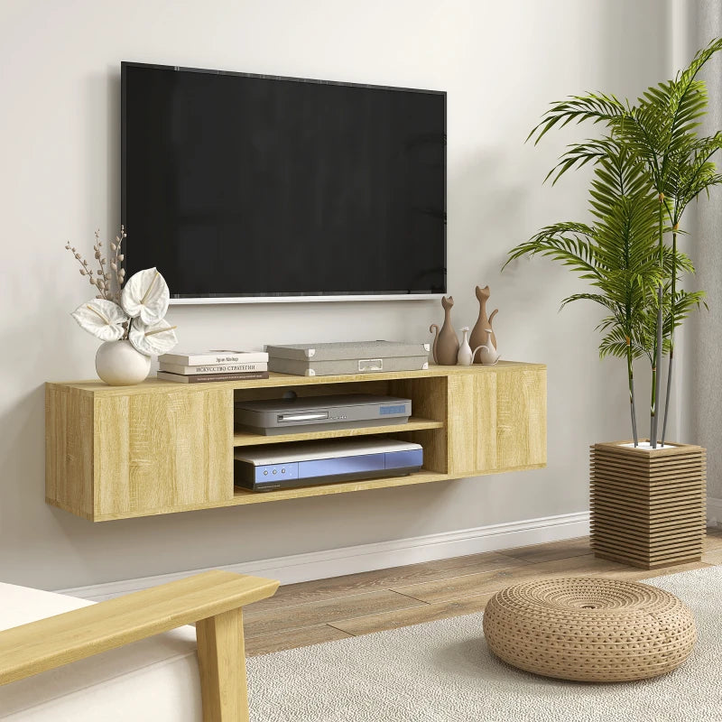 Wood Style - Floating Media Center / TV Stand with Open Shelving and Storage Cupboards