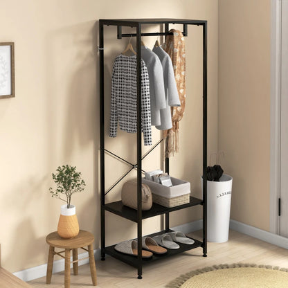 Slimline Steel Frame Coat Rack with Hanger Rail and 2-Tier Shoe Shelving