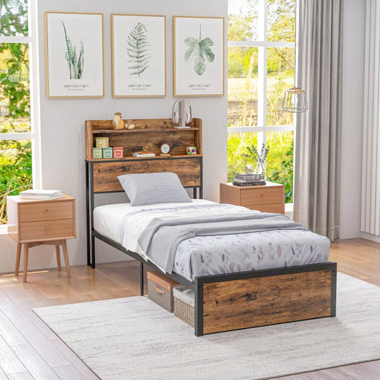 Single - Industrial Style Single Bed Frame with Storage Headboard and Underneath Storage