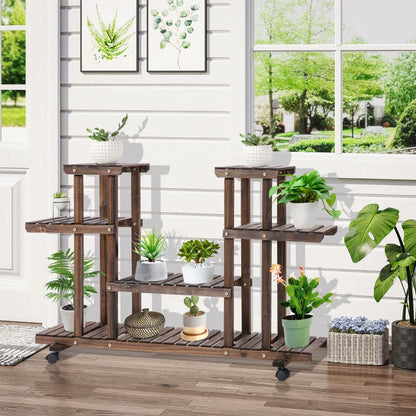 4 Tier - Plant Stand with Wheels and Brakes, Floor-standing Wooden Flower Rack