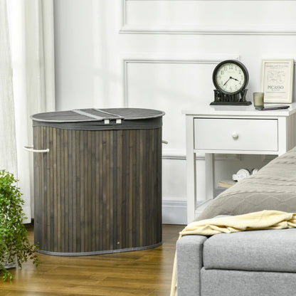 100L - Dual Section Lights & Darks - Bamboo Laundry Hamper with Removable Washing Lining - Grey