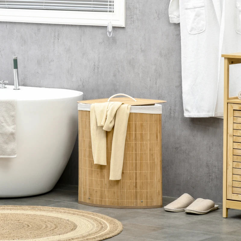 55L - Triangular Corner Bamboo Laundry Basket with Lid and Removable Washing Lining - Natural