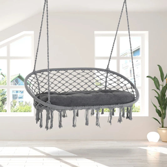 2 Seater Hanging Rope Hammock Swing Sofa with Large Cushion (Ropes Included for Installation) - Grey