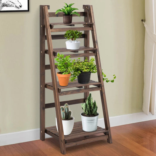 4 Tier - Foldable Wooden Plant Stand Ladder Shelving for Flower Pots