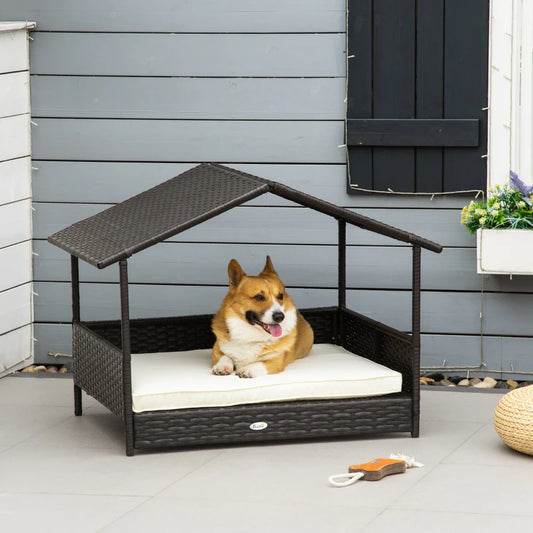 Rattan Dog Bed with Roof Canopy Sun Protection and Removable Cushion - Dark Brown / Cream