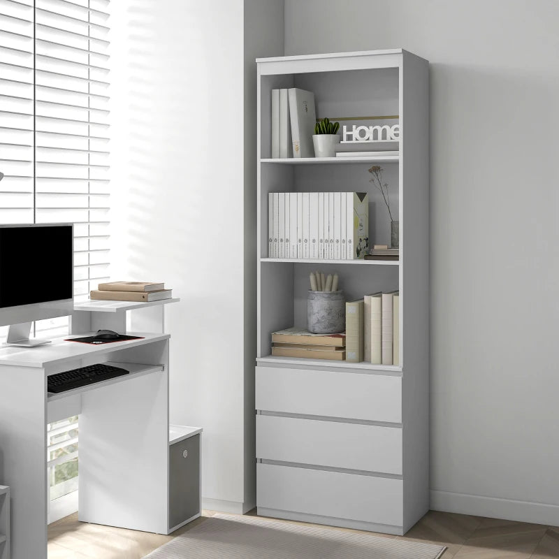 180cm Tall Bookcase with 3-Tier Shelving and 3 Drawer Storage Compartments