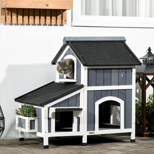 Cat Barn House with Multiple Entrances, Water Resistant Roof and Side Flower Pot