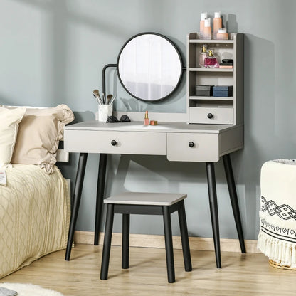 Modern Style Dressing Table with Round Mirror & Stool