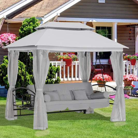 2-in-1 - 3 Seater Convertible Bed / Gazebo Swing Chair with Double Tier Canopy, Cushioned Seat and Mesh Sidewalls - Grey