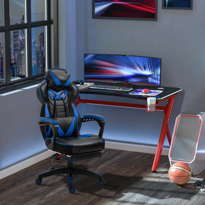 Computer Gaming Chair with Lumbar Support and Footrest - Blue / Black