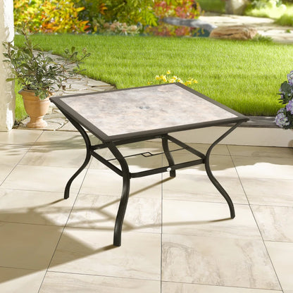 Square Garden Table with Stone Grain Effect Wooden Tabletop and Parasol Hole (Parasol not Included) - Stone