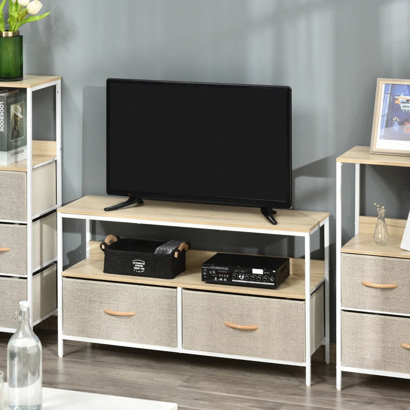 Natural Style Compact TV Unit Centre with 2 Foldable Linen Drawers & Shelving