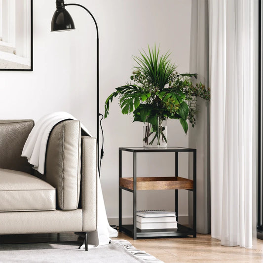 Industrial Style 3-Tier Side Table with Glass Top & Storage Shelves