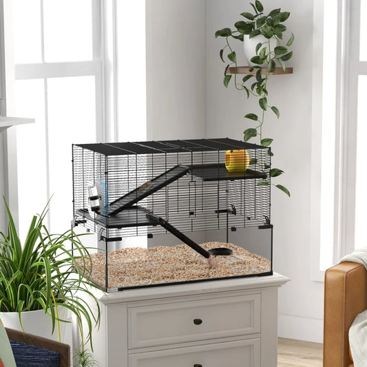 3-Tier Hamster / Gerbil Cage with Deep Glass Bottom, Non Slip Ramps, Exercise Wheel & More Accessories