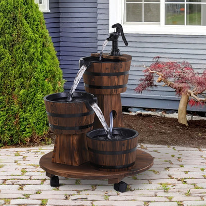 3-Tier Wooden Barrel Cascading Water Fountain Garden Feature with Pump