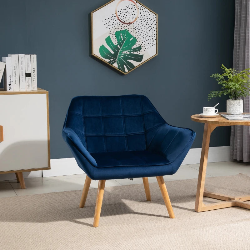 Wide Slanted Back Armchair with Padded Cushion, Iron Frame & Wooden Legs - Navy