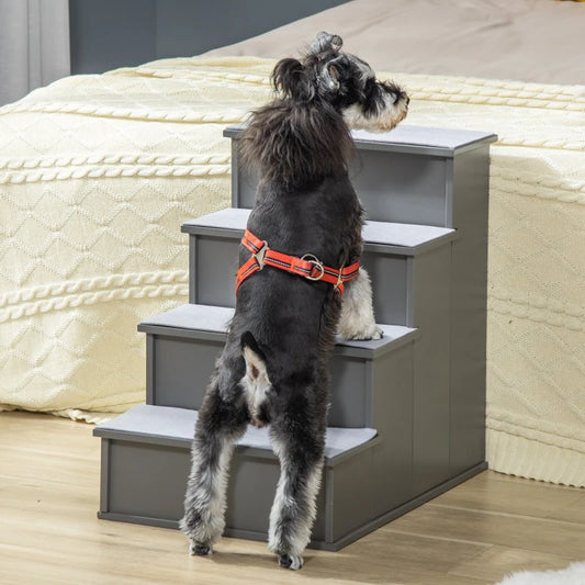 Wooden 4-Step Pet Stairs / Ladder with Anti Slip Carpet Mats - Grey