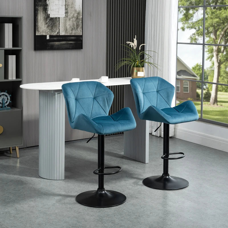 Set of 2 Geometric Style Velvet Barstools / Breakfast Bar Stools with Adjustable Height and Footrest - Sky Blue