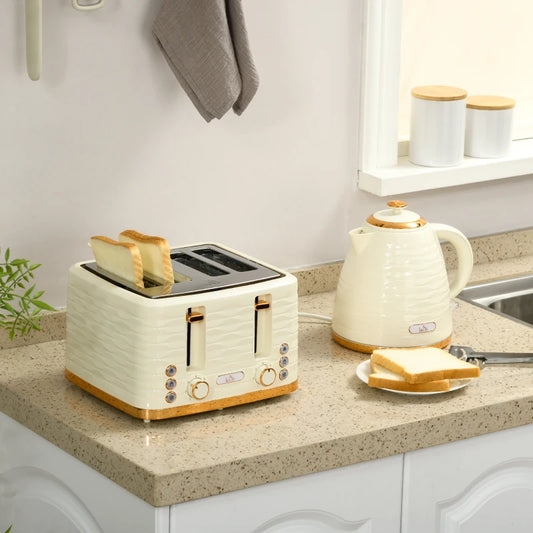 Kettle (1.7L) and Toaster Set with 7 Browning Controls and Crumb Tray (4 Slice) - Beige / Gold