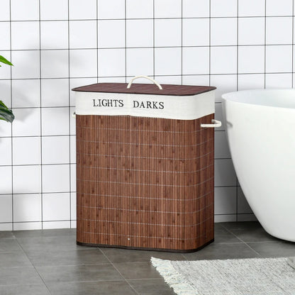 Lights & Darks - Laundry Basket Separator with Lid String Handles & 2 Sections - Brown Wood Effect