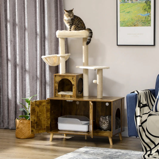 Industrial Style Cat Tree with Built In Litter Tray Enclosure with Hammock, House and Cushion