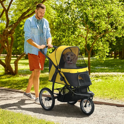 Pet / Dog Stroller - Buggy Pram with Three Wheels, Canopy and Under Netting Storage Compartment - Yellow