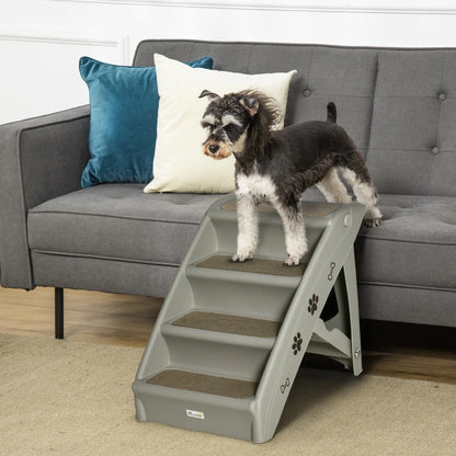 4-Step Foldable Pet Stairs with Plastic Surrounding and Anti Slip Carpeting - Grey