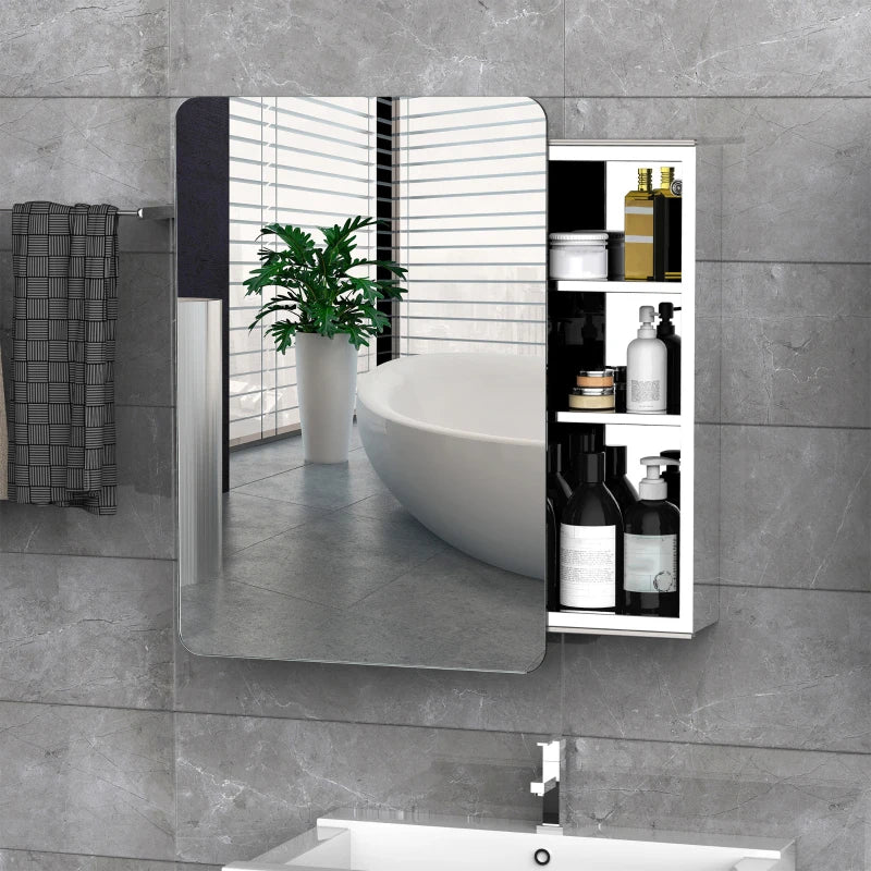 Curved Bathroom Steel Frame Mirror with Hidden Sliding 3 Shelf Storage Cabinet