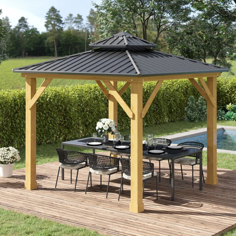 2-Tier Hardtop Roof - Solid Wood Gazebo Patio Shelter for Garden