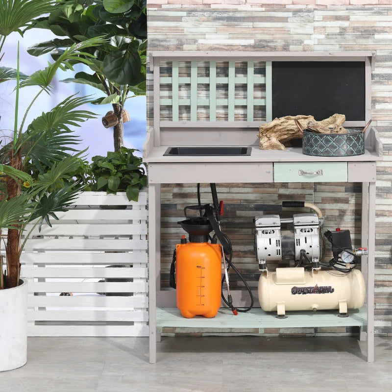 Two Tone - Garden Potting Bench Table with Chalkboard, Sink, Gridded Backboard and Underneath Storage