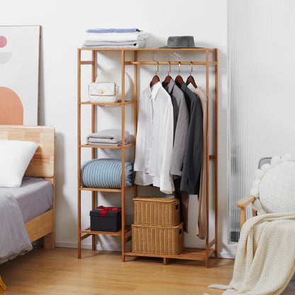 Bamboo Coat Rack with Clothes Hanger Storage and 6-Tier Shoe Shelving